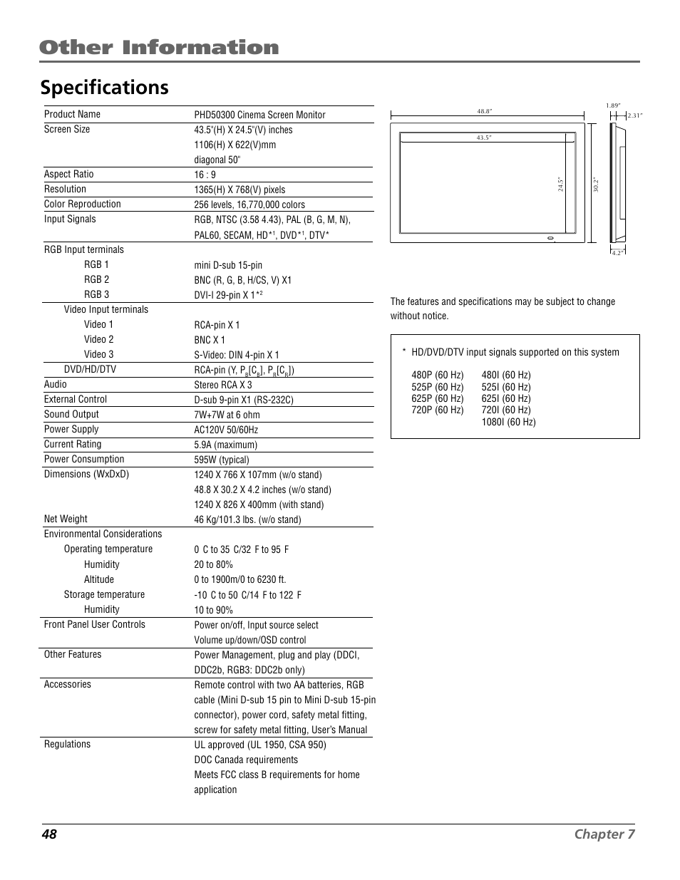 Reference, Other information, Specifications | 48 chapter 7 | RCA Scenium PHD50300 User Manual | Page 50 / 62