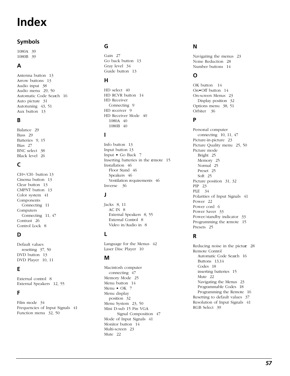 Index | RCA Scenium PHD50300 User Manual | Page 59 / 62