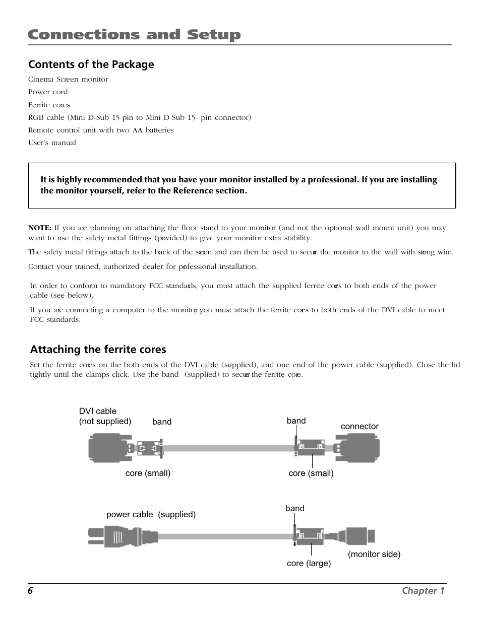 Connections and setup, Contents of the package, Attaching the ferrite cores | RCA Scenium PHD50300 User Manual | Page 8 / 62