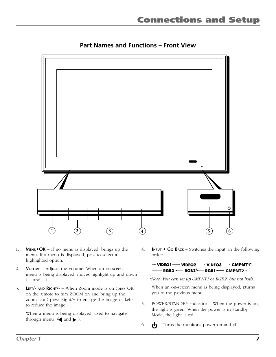 Connections and setup, Part names and functions – front view, Chapter 1 7 | RCA Scenium PHD50300 User Manual | Page 9 / 62