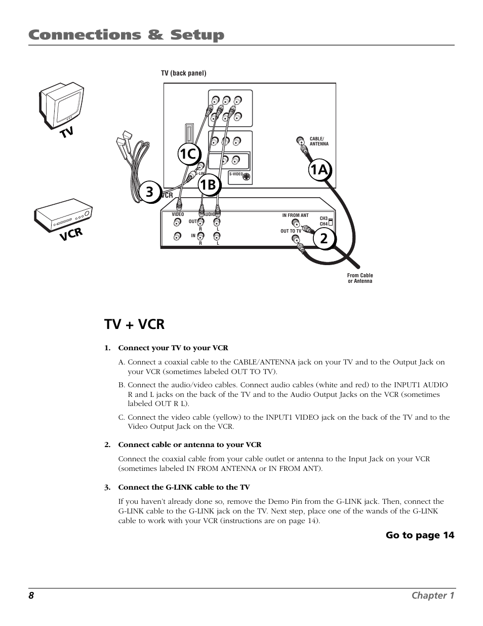 Connections & setup, 8chapter 1, Go to page 14 | RCA F27718 User Manual | Page 10 / 64