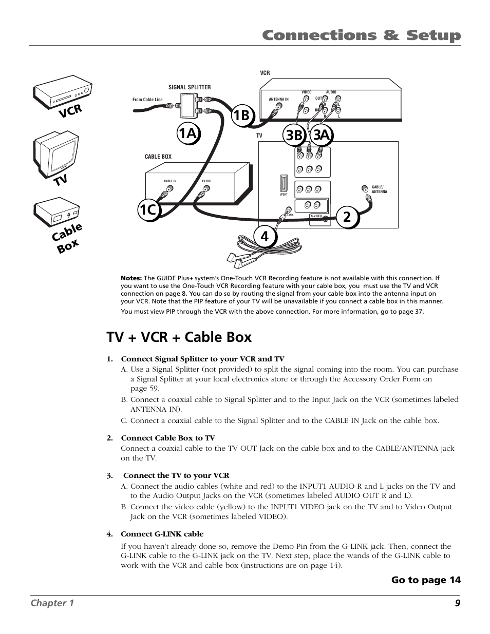 Connections & setup, Tv + vcr + cable box, Tv ca ble bo x vcr | Chapter 1 9, Go to page 14 | RCA F27718 User Manual | Page 11 / 64