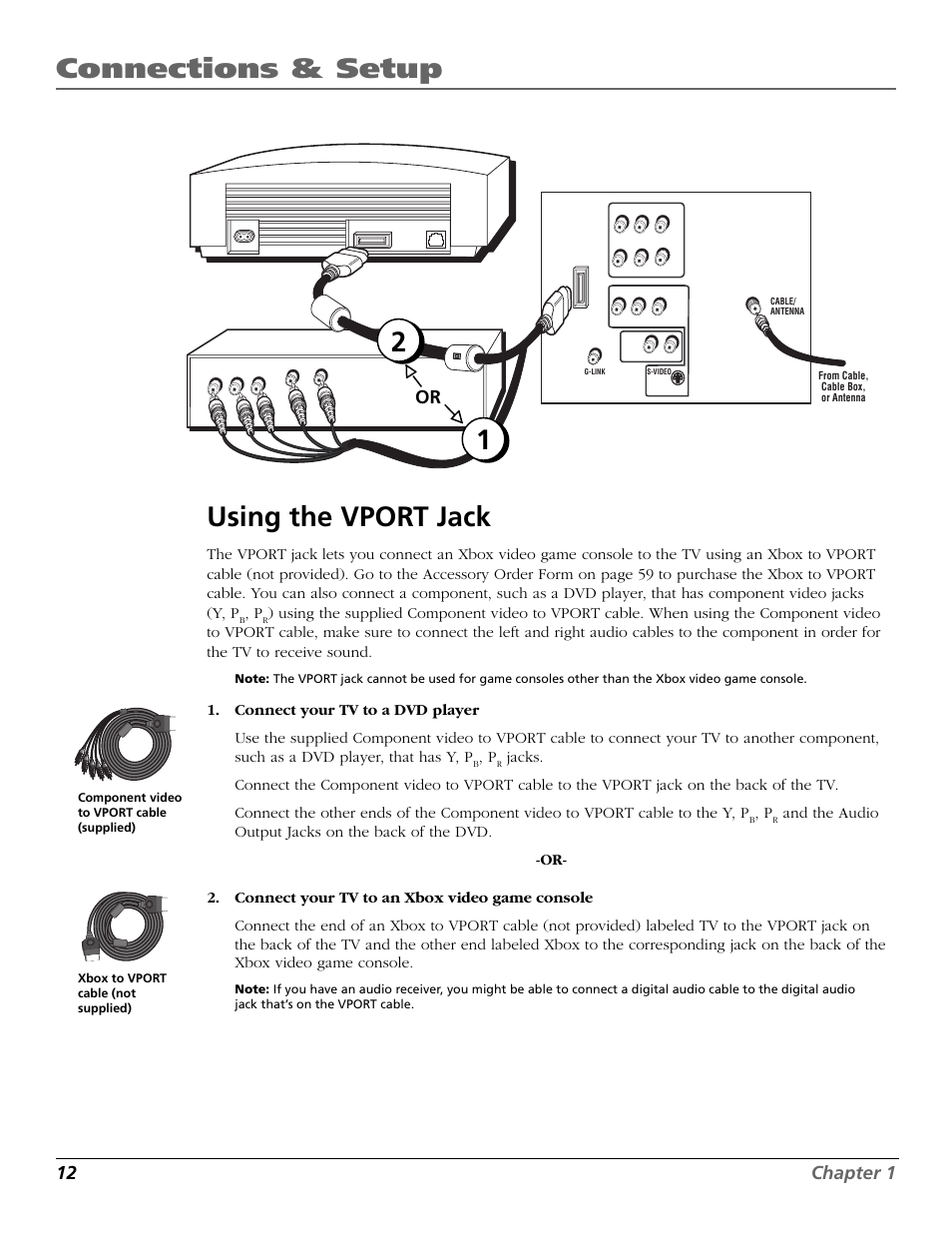 Connections & setup, 12 using the vport jack, 12 chapter 1 | RCA F27718 User Manual | Page 14 / 64