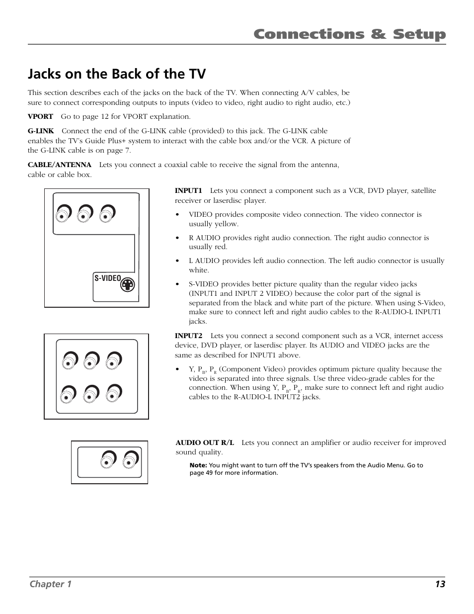 Connections & setup jacks on the back of the tv | RCA F27718 User Manual | Page 15 / 64