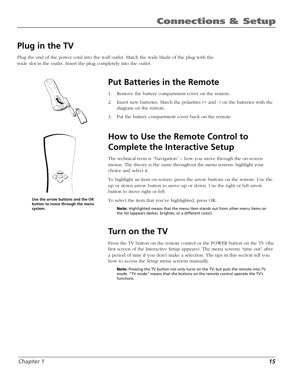 Connections & setup, Plug in the tv, Put batteries in the remote | Turn on the tv | RCA F27718 User Manual | Page 17 / 64