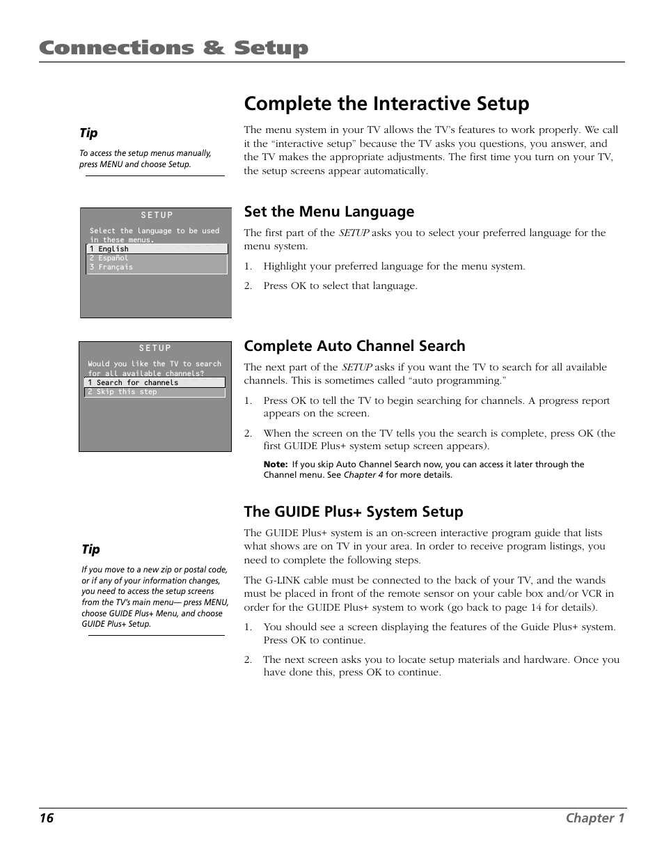 Connections & setup, Complete the interactive setup, Set the menu language | Complete auto channel search, The guide plus+ system setup | RCA F27718 User Manual | Page 18 / 64