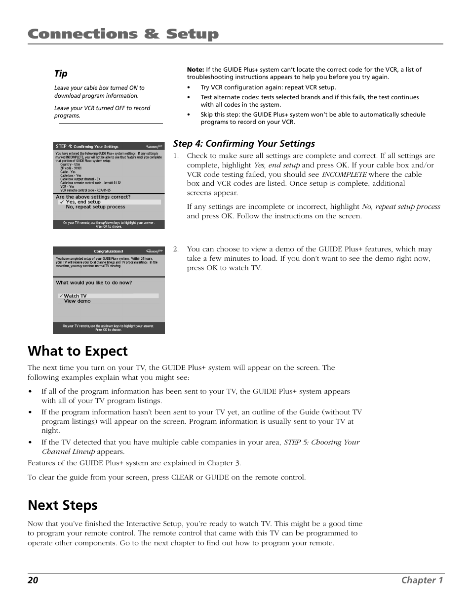 Connections & setup, What to expect, Next steps | RCA F27718 User Manual | Page 22 / 64