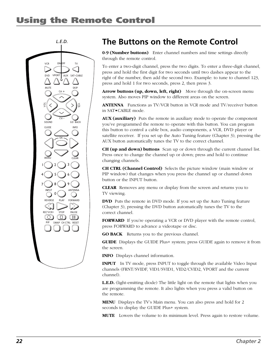 Using the remote control, The buttons on the remote control, 22 chapter 2 | RCA F27718 User Manual | Page 24 / 64