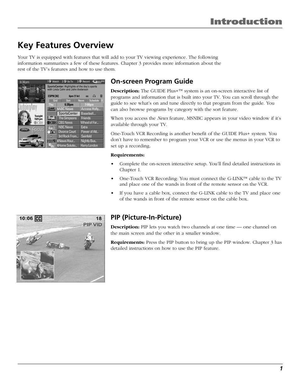 Introduction, Key features overview, On-screen program guide | Pip (picture-in-picture) | RCA F27718 User Manual | Page 3 / 64