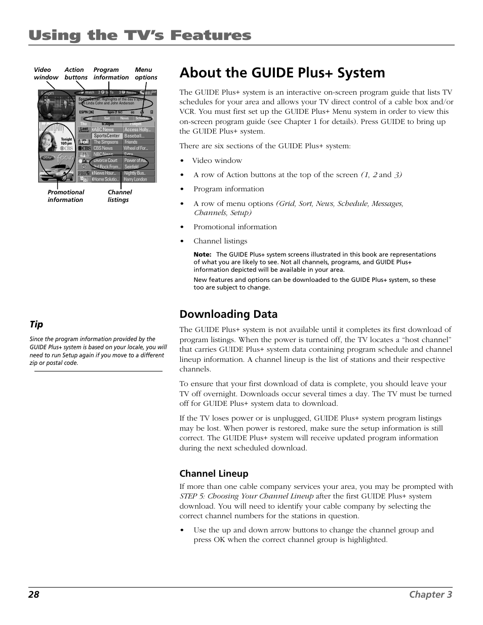 Using the tv’s features, About the guide plus+ system, Downloading data | RCA F27718 User Manual | Page 30 / 64