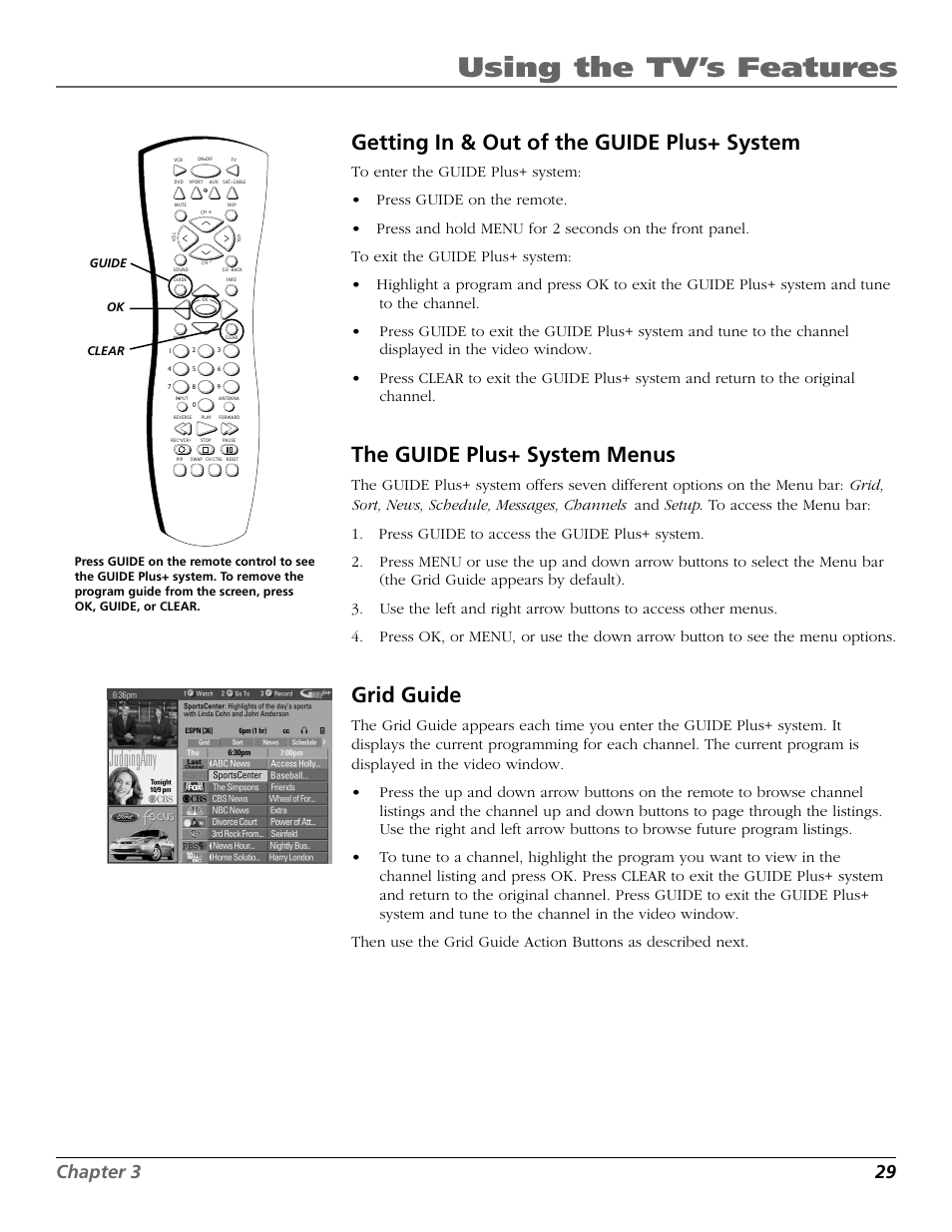 Using the tv’s features, Getting in & out of the guide plus+ system, The guide plus+ system menus | Grid guide, Chapter 3 29 | RCA F27718 User Manual | Page 31 / 64