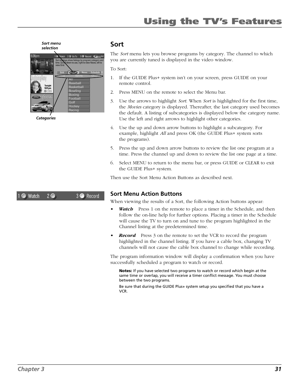 Using the tv’s features, Sort | RCA F27718 User Manual | Page 33 / 64