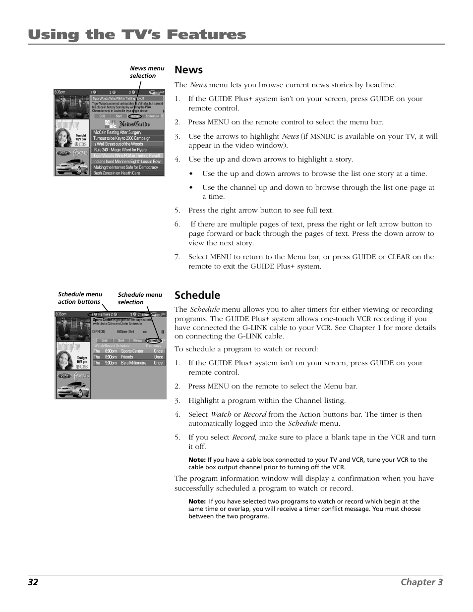 Using the tv’s features, News, Schedule | RCA F27718 User Manual | Page 34 / 64
