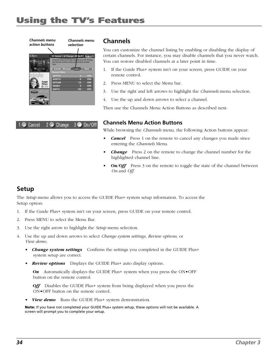 Using the tv’s features, Channels, Setup | RCA F27718 User Manual | Page 36 / 64