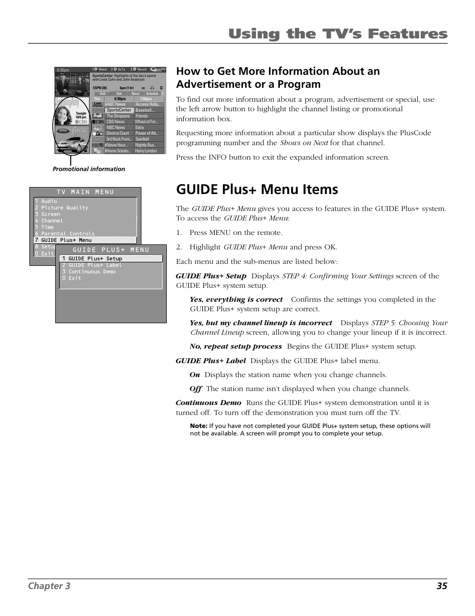 Using the tv’s features, Guide plus+ menu items | RCA F27718 User Manual | Page 37 / 64