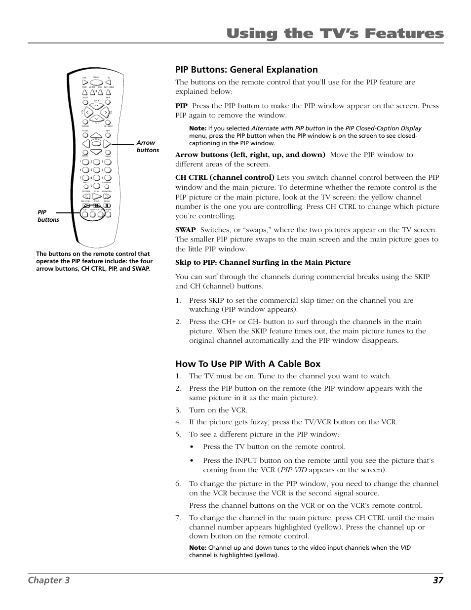 Using the tv’s features, Chapter 3 37, Pip buttons: general explanation | How to use pip with a cable box | RCA F27718 User Manual | Page 39 / 64