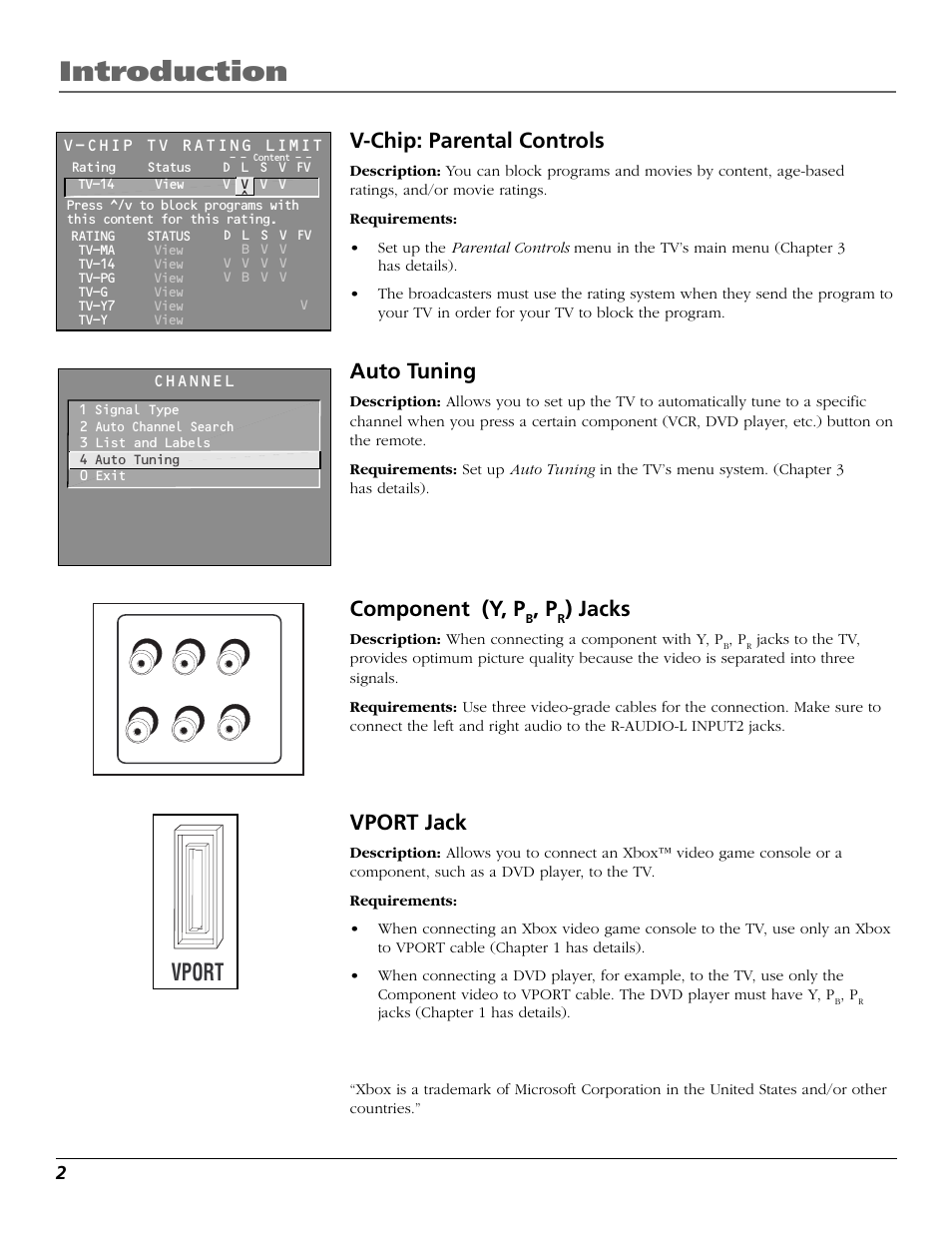 Introduction, Vport, V-chip: parental controls | Auto tuning, Component (y, p, Jacks, Vport jack | RCA F27718 User Manual | Page 4 / 64