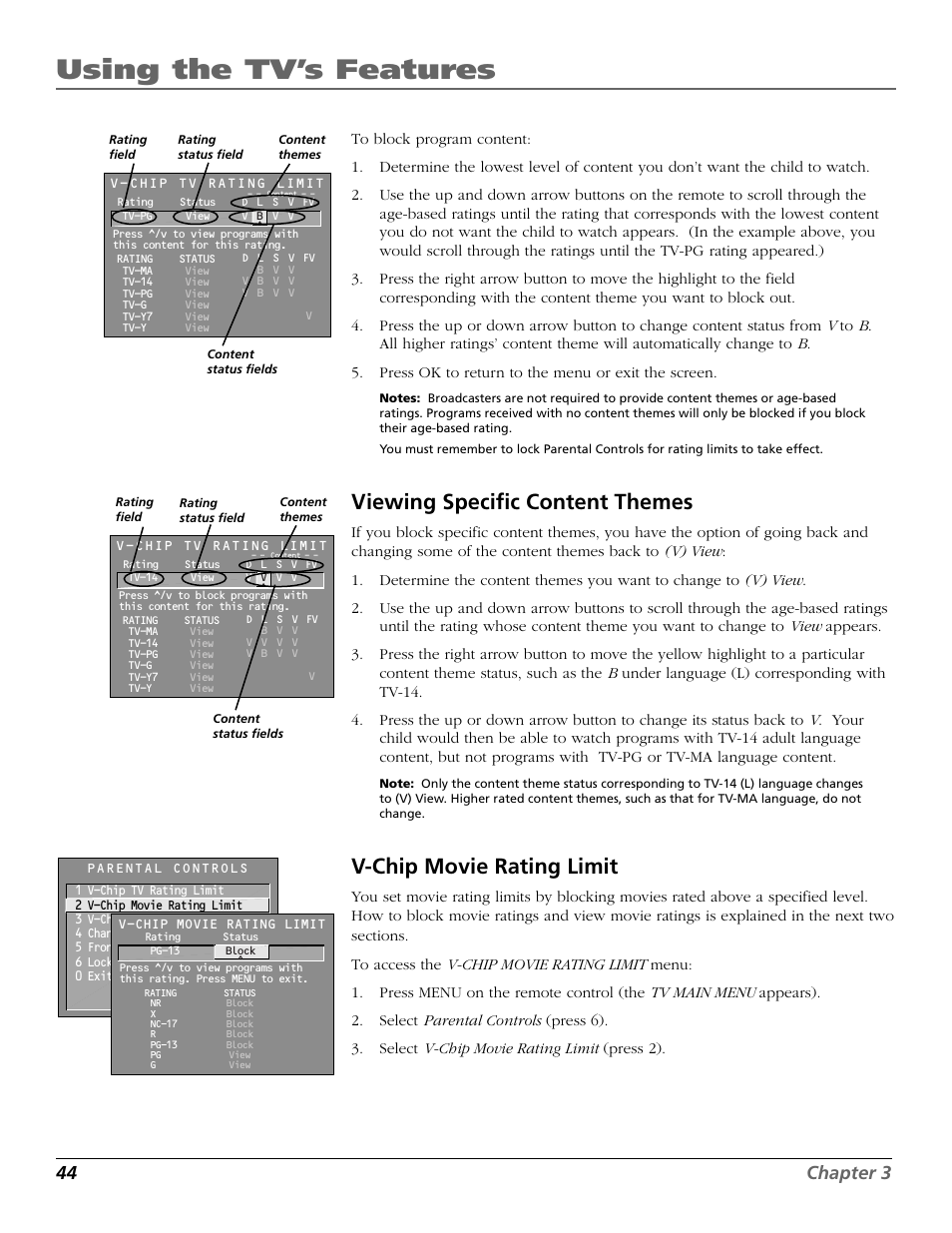 Using the tv’s features, Viewing specific content themes, V-chip movie rating limit | 44 chapter 3 | RCA F27718 User Manual | Page 46 / 64