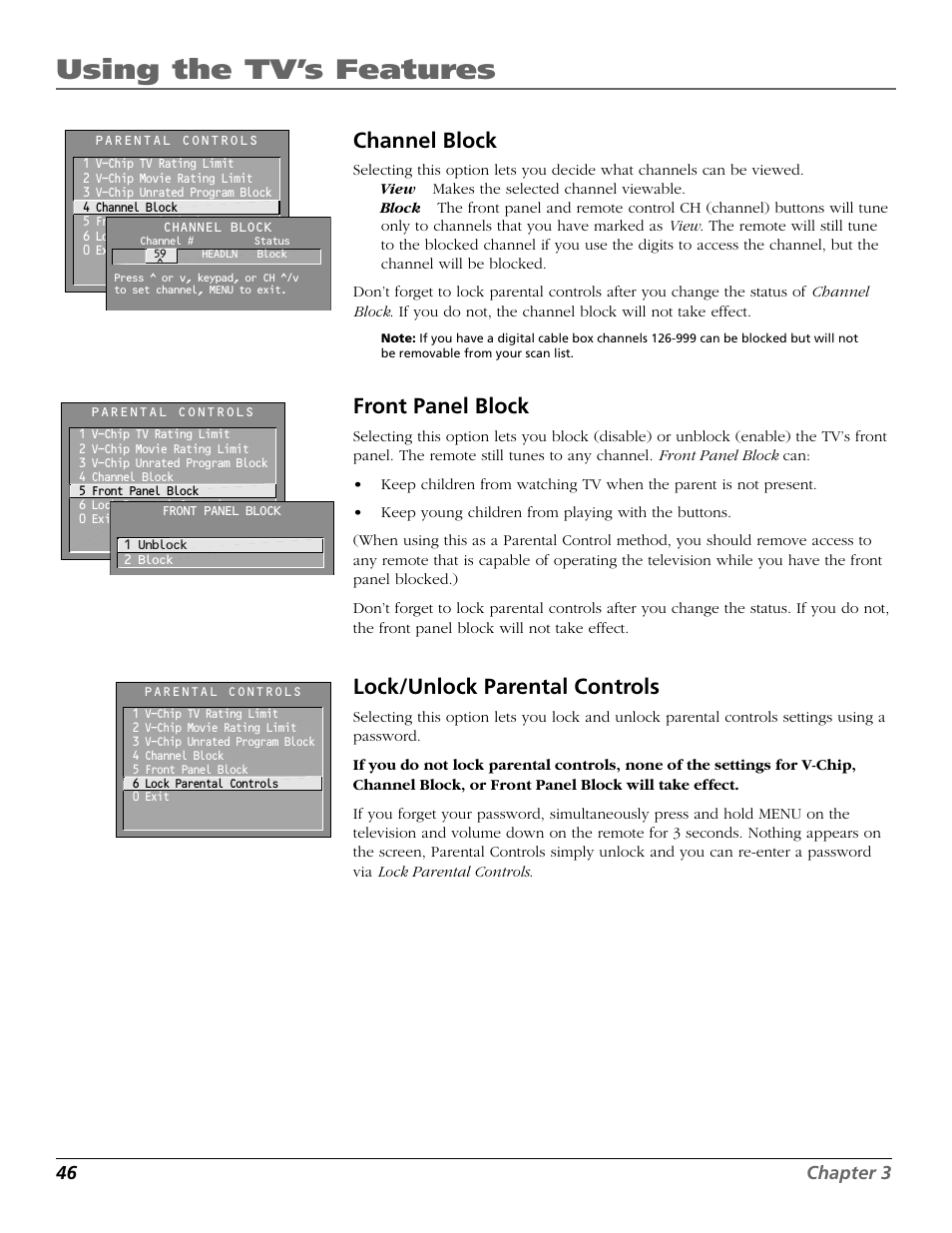 Using the tv’s features, Channel block, Front panel block | Lock/unlock parental controls, 46 chapter 3 | RCA F27718 User Manual | Page 48 / 64