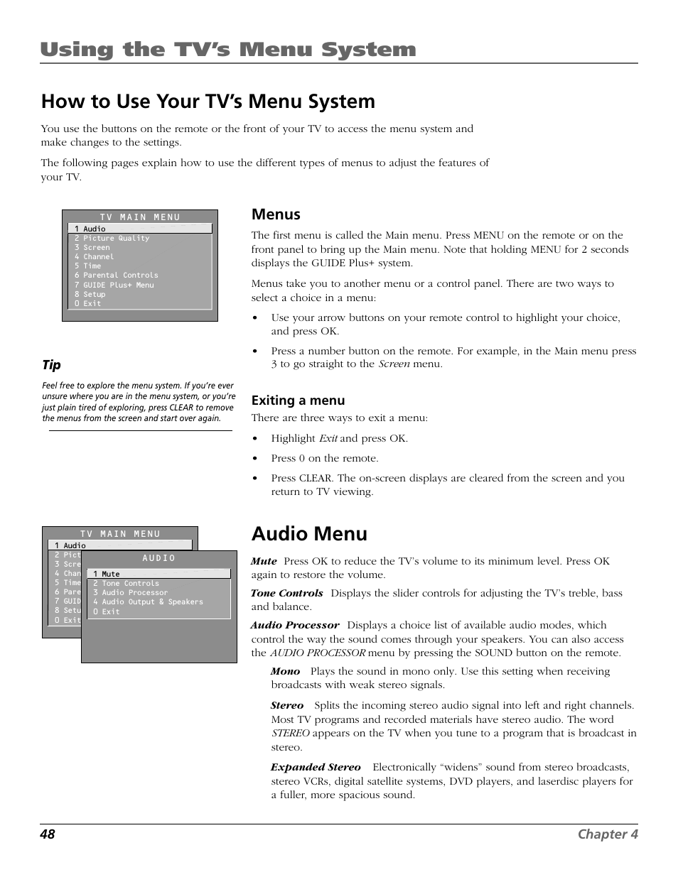 Using the tv’s menu system, How to use your tv’s menu system, Audio menu | Menus | RCA F27718 User Manual | Page 50 / 64