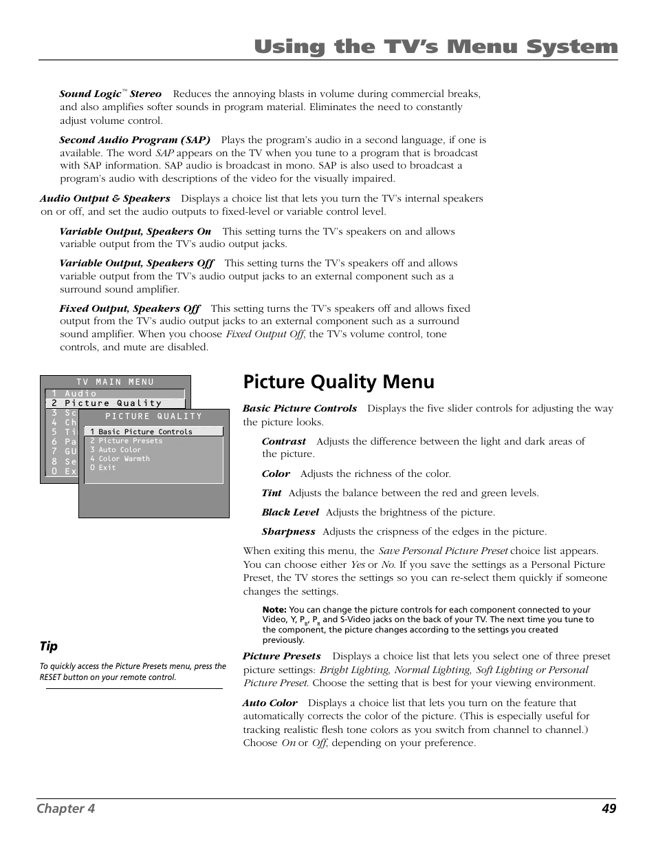 Using the tv’s menu system, Picture quality menu | RCA F27718 User Manual | Page 51 / 64