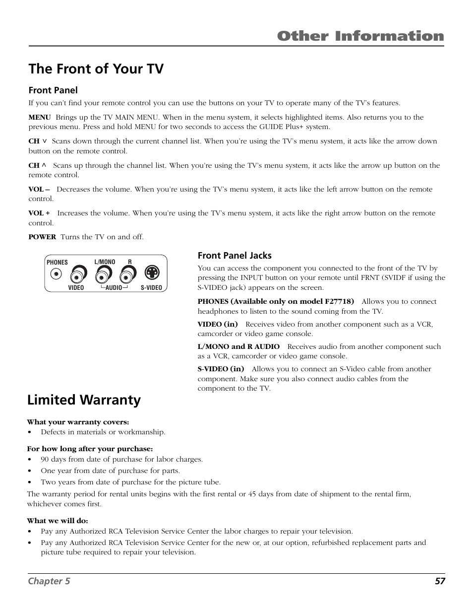 Other information the front of your tv, Limited warranty | RCA F27718 User Manual | Page 59 / 64