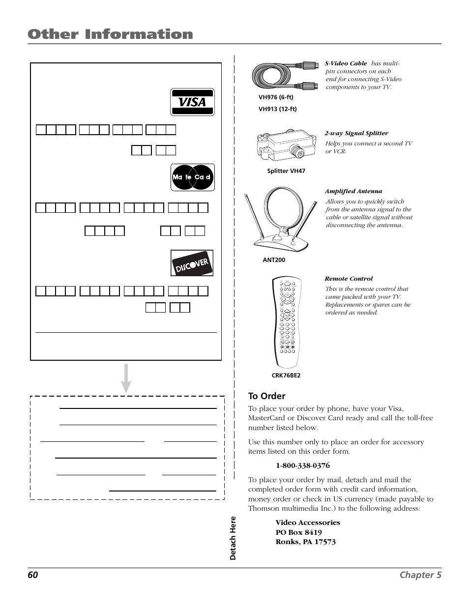 Other information, 60 chapter 5 to order, Detach her e | Use your credit card, Daytime phone number | RCA F27718 User Manual | Page 62 / 64