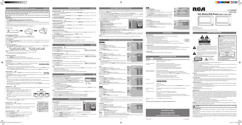 Need more help, User manual, Playing a disc | Repeat playback, Viewing jpg files, Safety precautions, Troubleshooting guide, Maintenance | RCA DRC97283 User Manual | Page 2 / 2