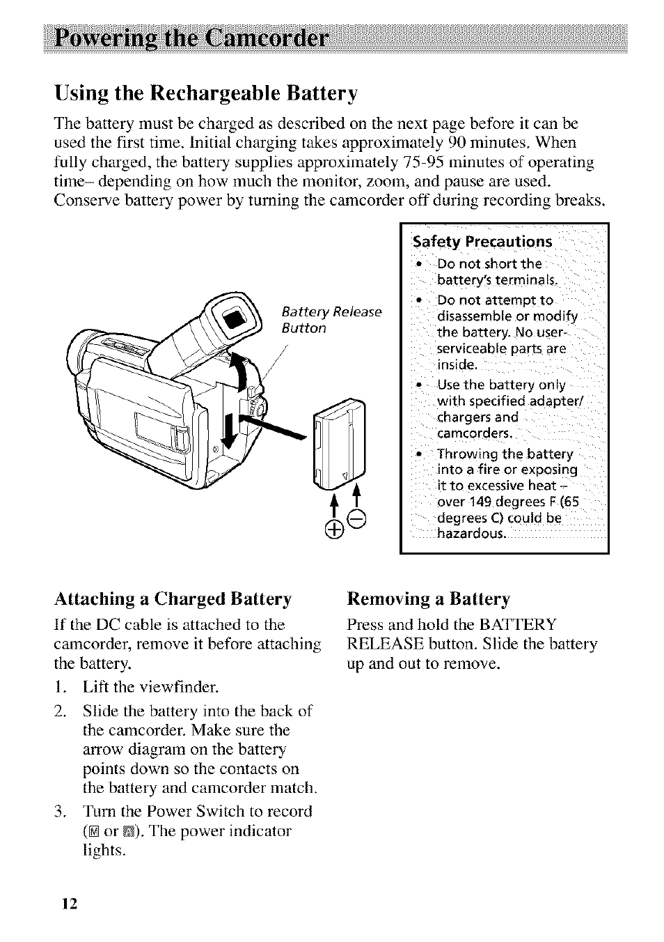 Using the rechargeable battery, Safety precautions, Attaching a charged battery | Removing a battery, Powering the camcorder | RCA CC9370 User Manual | Page 14 / 84