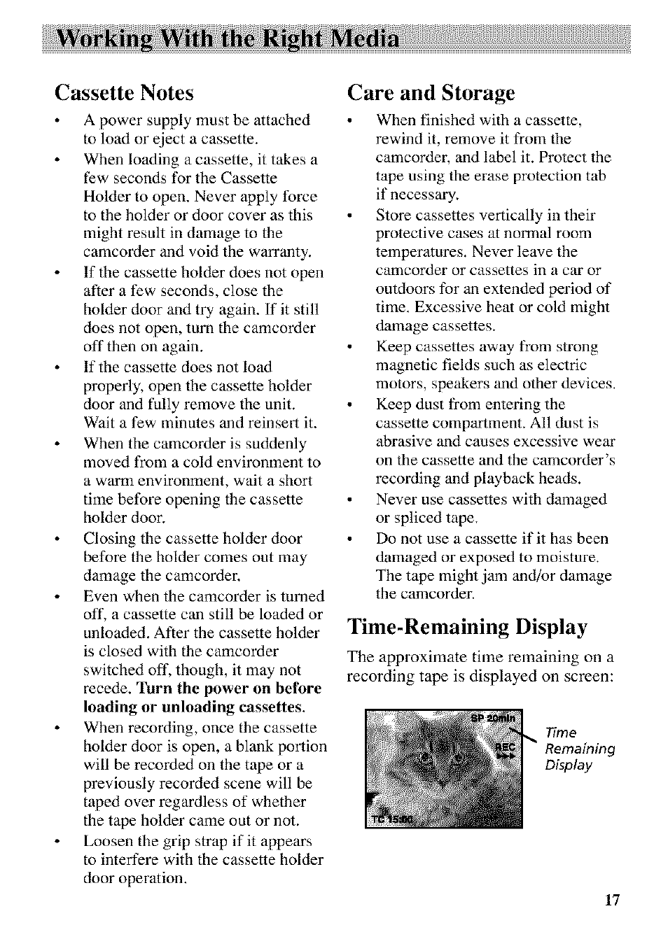 Working with the rij^ht media, Care and storage, Time-remaining display | RCA CC9370 User Manual | Page 19 / 84