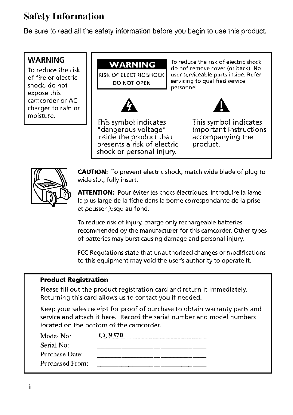 Safety information, Warning | RCA CC9370 User Manual | Page 2 / 84