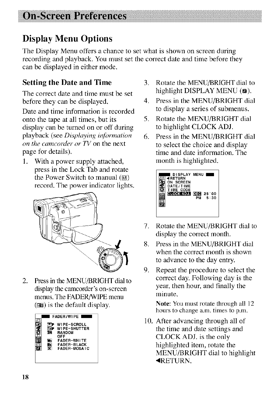 Setting the date and time, Setting the date and time.18, On-screen preferences | Display menu options | RCA CC9370 User Manual | Page 20 / 84