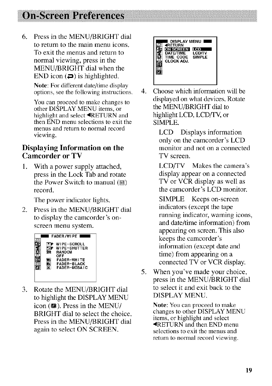 Displaying information on the camcorder or tv, On-screen preferences | RCA CC9370 User Manual | Page 21 / 84