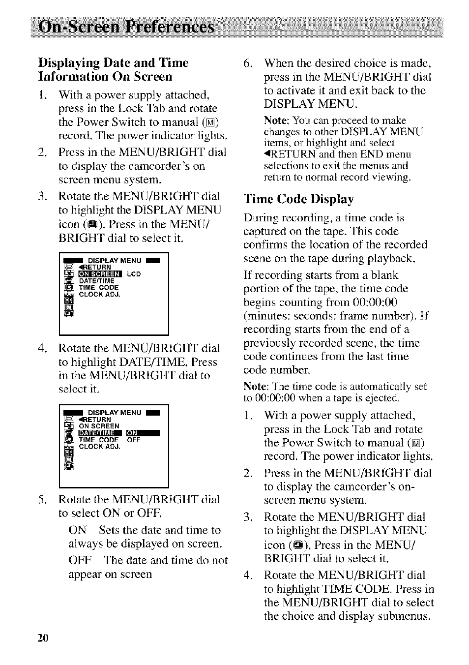 Time code display, On-screen preferences, Displaying date and time information on screen | RCA CC9370 User Manual | Page 22 / 84