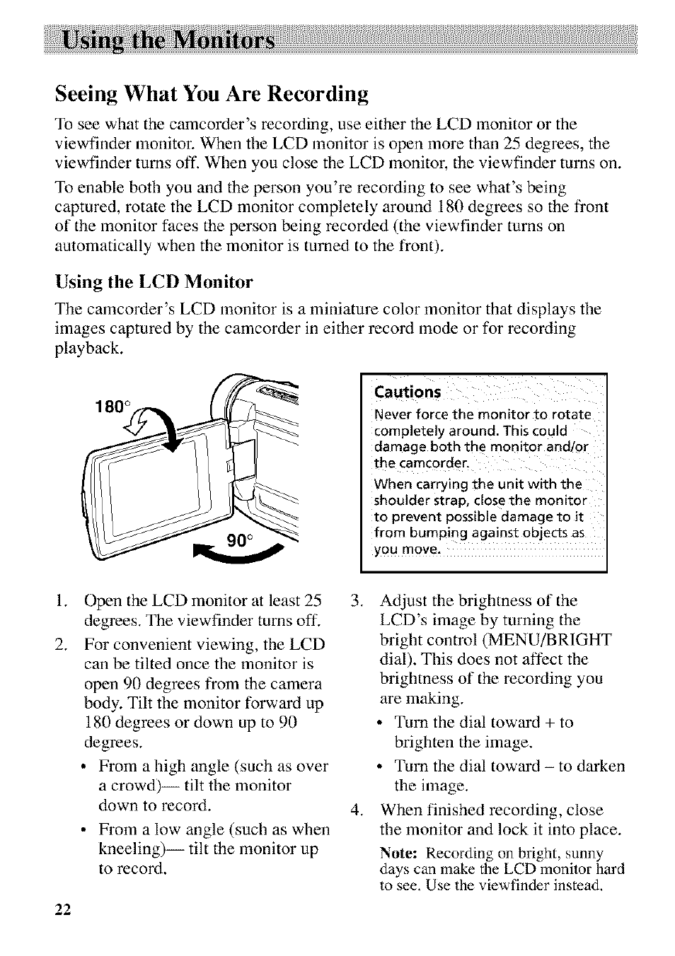 Using the lcd monitor, Camtipos, Using the monitors | Seeing what you are recording | RCA CC9370 User Manual | Page 24 / 84