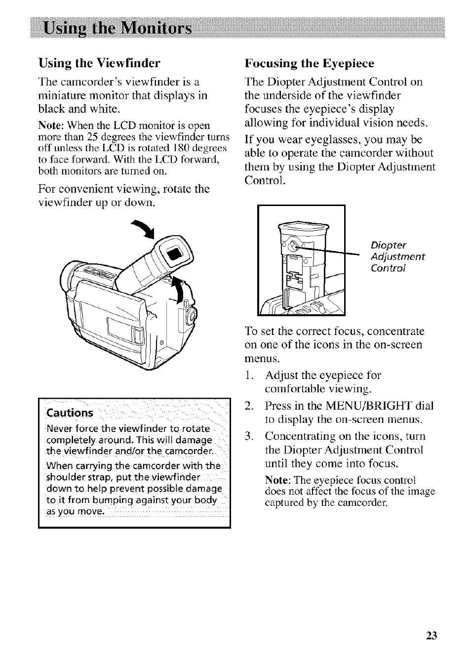 Using the viewfinder, Using the monitors | RCA CC9370 User Manual | Page 25 / 84