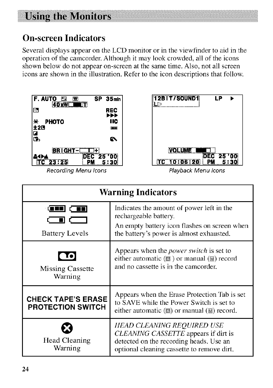 Using the monitors, On-screen indicators, Warning indicators | C~mm | RCA CC9370 User Manual | Page 26 / 84