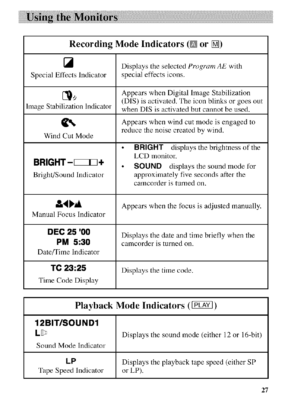 Using the monitors, Recording mode indicators (h or, Playback mode indicators (lmfj) | RCA CC9370 User Manual | Page 29 / 84