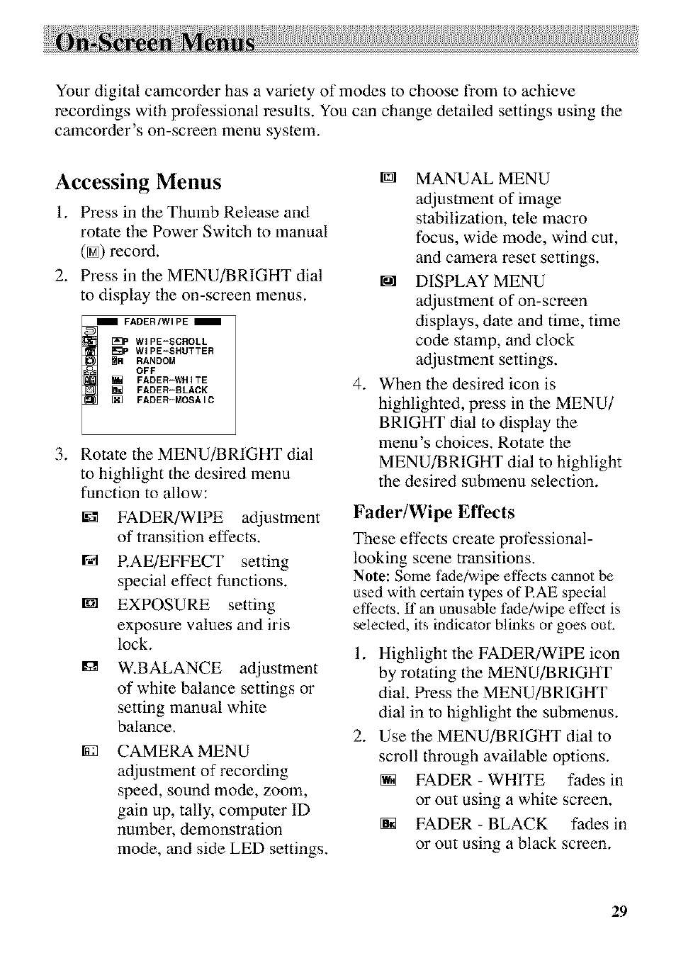 Fader/wipe effects, On-screen menus, Accessing menus | RCA CC9370 User Manual | Page 31 / 84