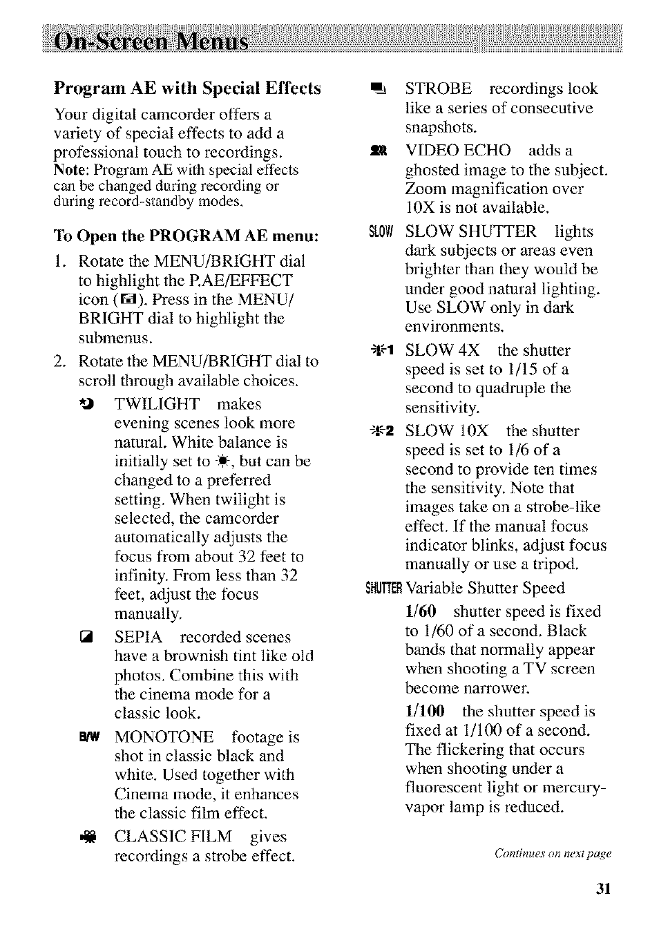 Program ae with special effects, On-screen menus | RCA CC9370 User Manual | Page 33 / 84