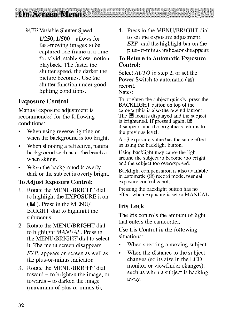 Exposure control, Iris lock, On-screen menus | RCA CC9370 User Manual | Page 34 / 84