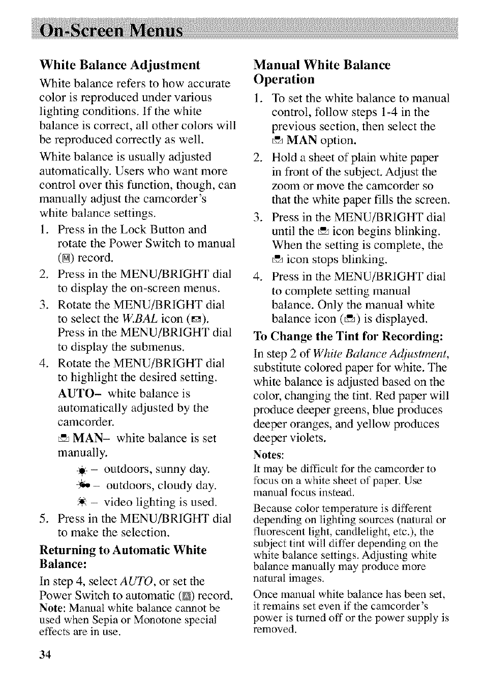 White balance adjustment, Manual white balance operation, On-screen menus | RCA CC9370 User Manual | Page 36 / 84