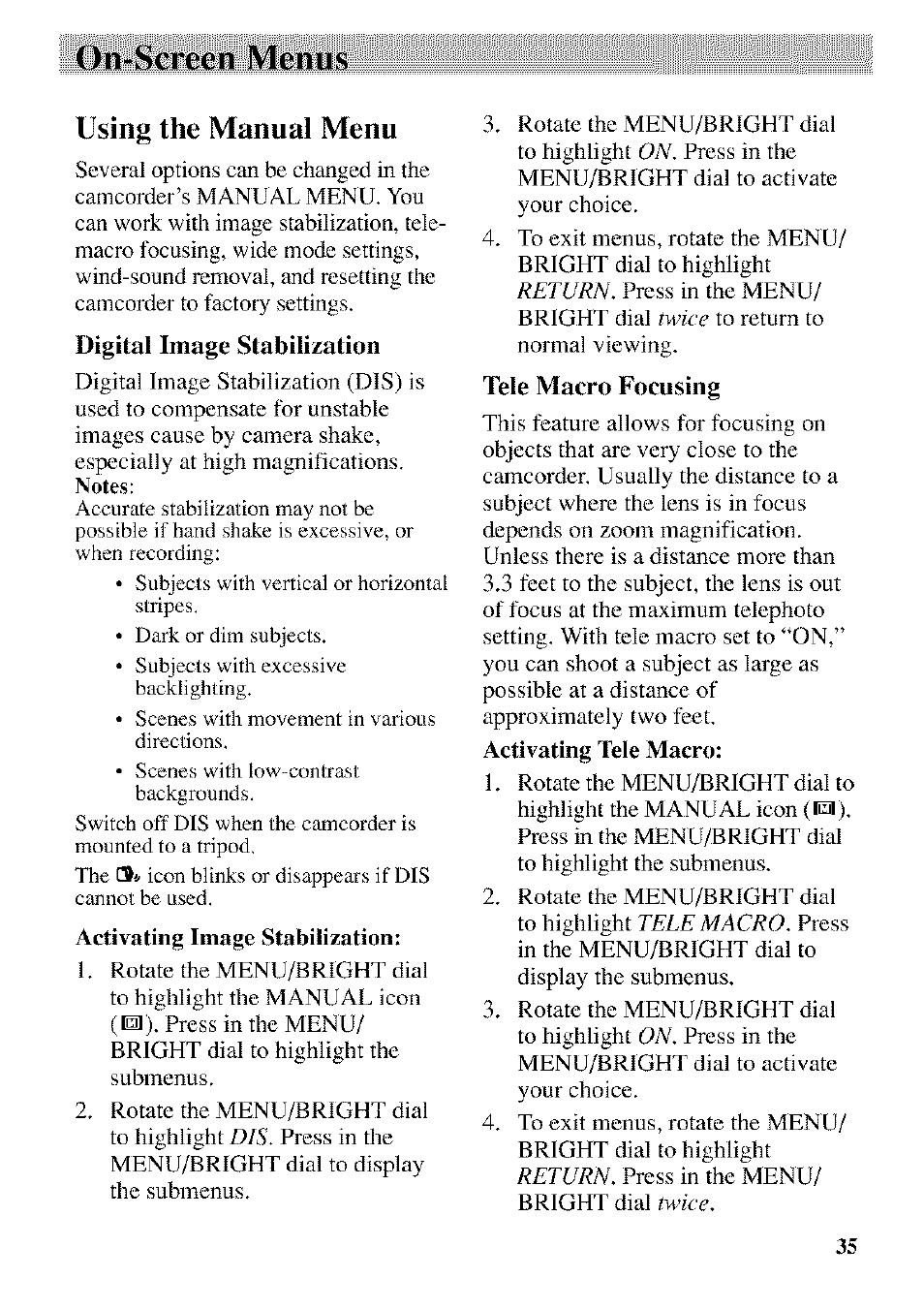 Digital image stabilization, Tele macro focusing, On-screen menus | Using the manual menu | RCA CC9370 User Manual | Page 37 / 84