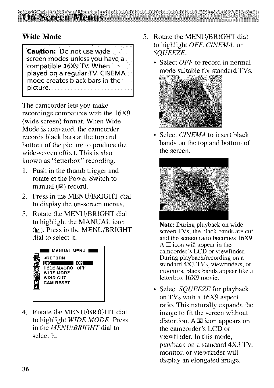 Wide mode, On-screen menus | RCA CC9370 User Manual | Page 38 / 84