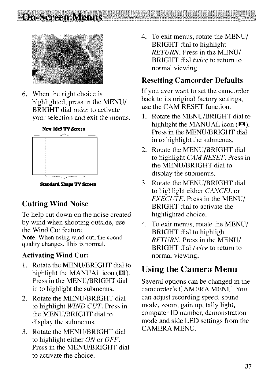 Cutting wind noise, Resetting camcorder defaults, On-screen menus | Using the camera menu | RCA CC9370 User Manual | Page 39 / 84