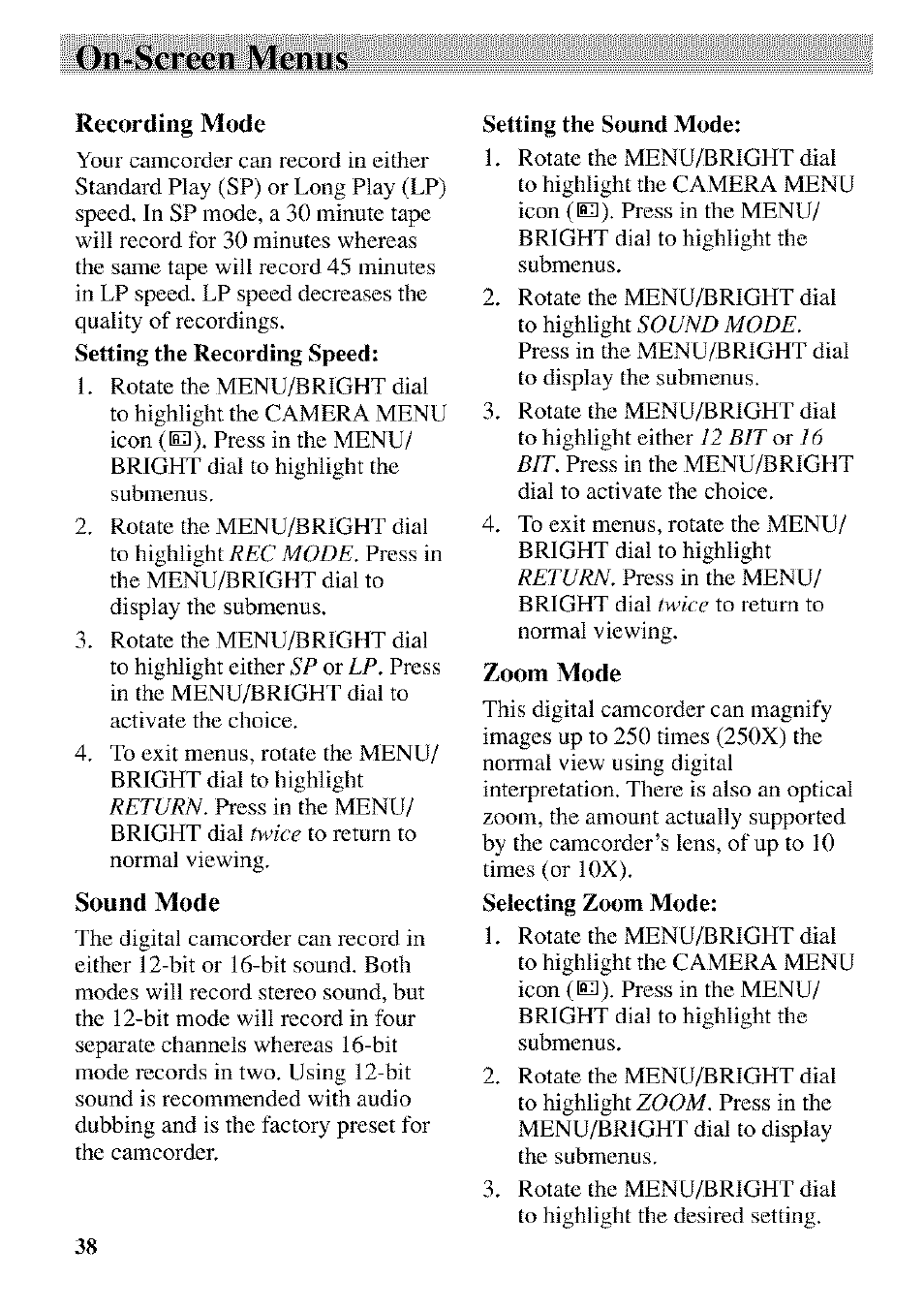 Recording mode, Sound mode, Zoom mode | On-screen menus | RCA CC9370 User Manual | Page 40 / 84