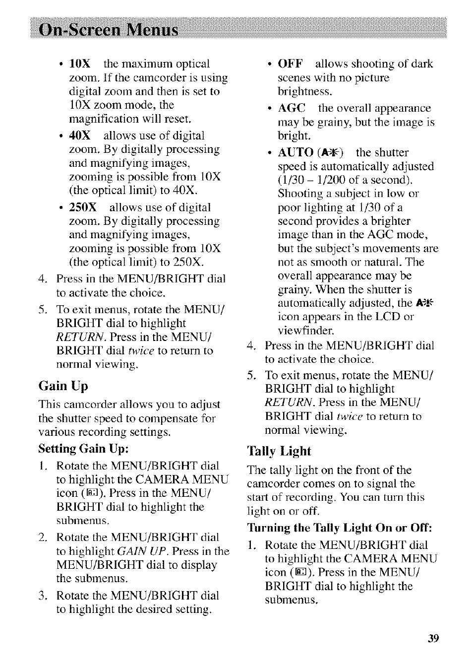 Gain up, Setting gain up, Tally light | Turning the tally light on or off, On-screen menus | RCA CC9370 User Manual | Page 41 / 84