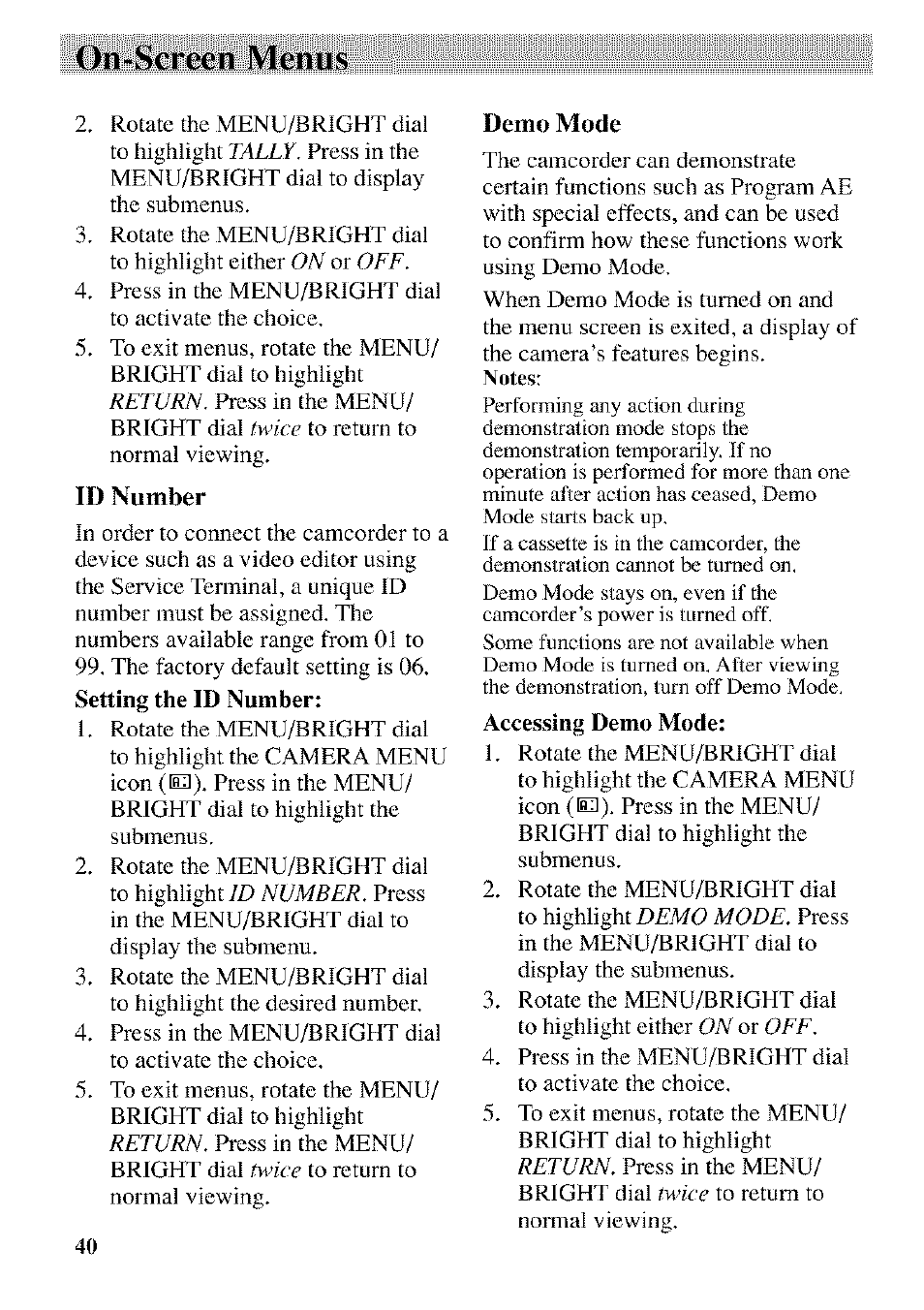 Id number, Demo mode, On-screen menus | RCA CC9370 User Manual | Page 42 / 84