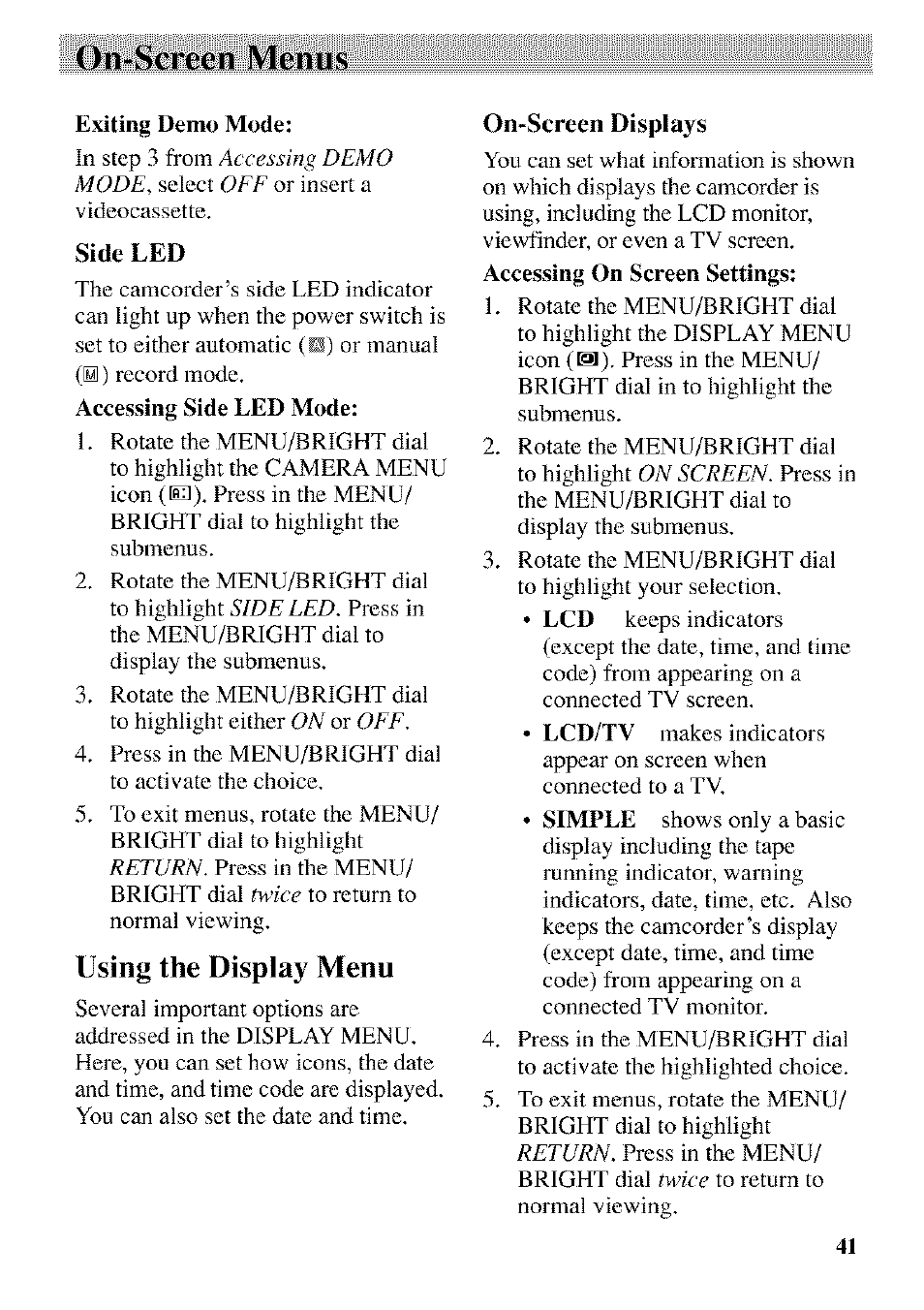 Side led, On-screen displays, On-screen menus | Using the display menu | RCA CC9370 User Manual | Page 43 / 84