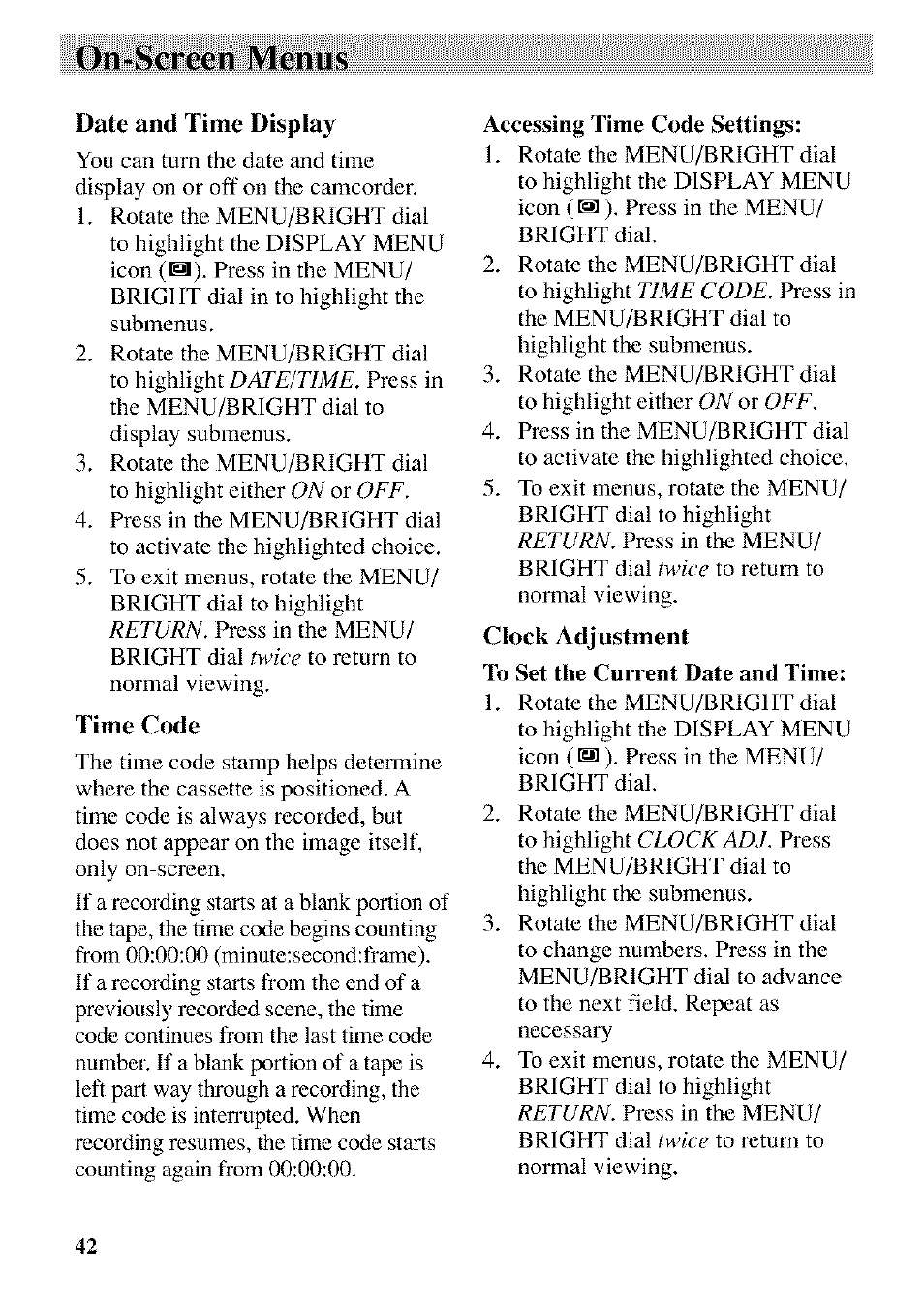 Date and time display, Time code, Clock adjustment | On-screen menus | RCA CC9370 User Manual | Page 44 / 84